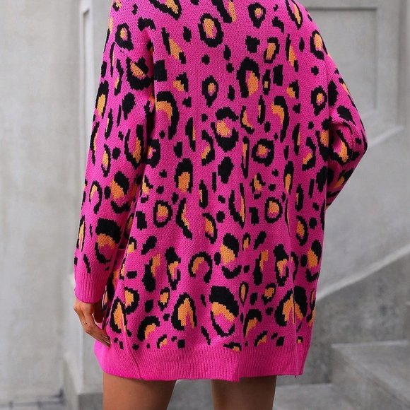 Pink Preppy Womens Leopard Pattern Drop Shoulder Open Front Cardigan - Picture 2 of 5